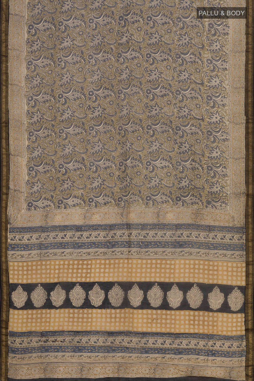Flat view of Mehandi Green Maheshwari Silk Cotton Saree with Printed design on the body and Zari Border. 