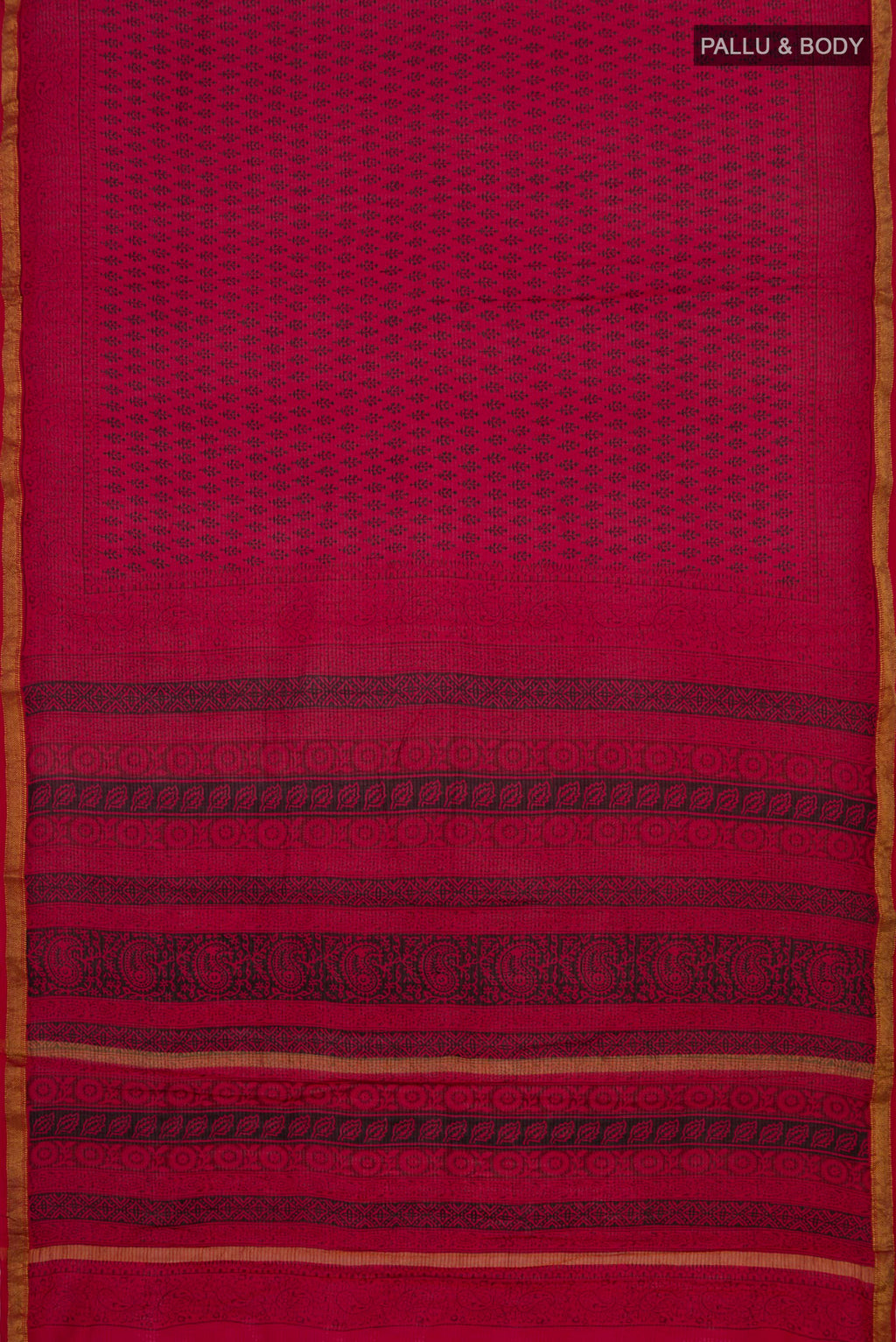 Flat view of Red Maheshwari Silk Cotton Saree with Printed design on the body and Zari Border. 