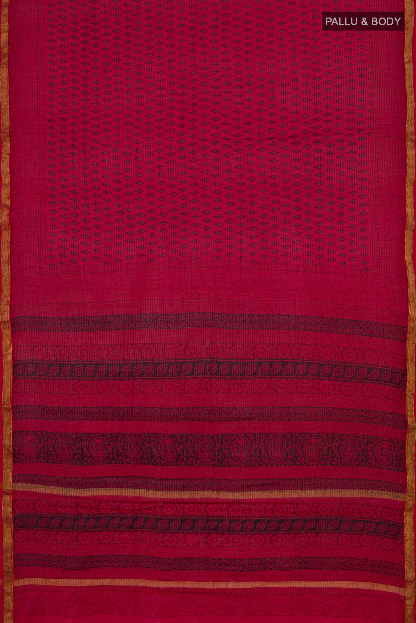 Flat view of Red Maheshwari Silk Cotton Saree with Printed design on the body and Zari Border. 