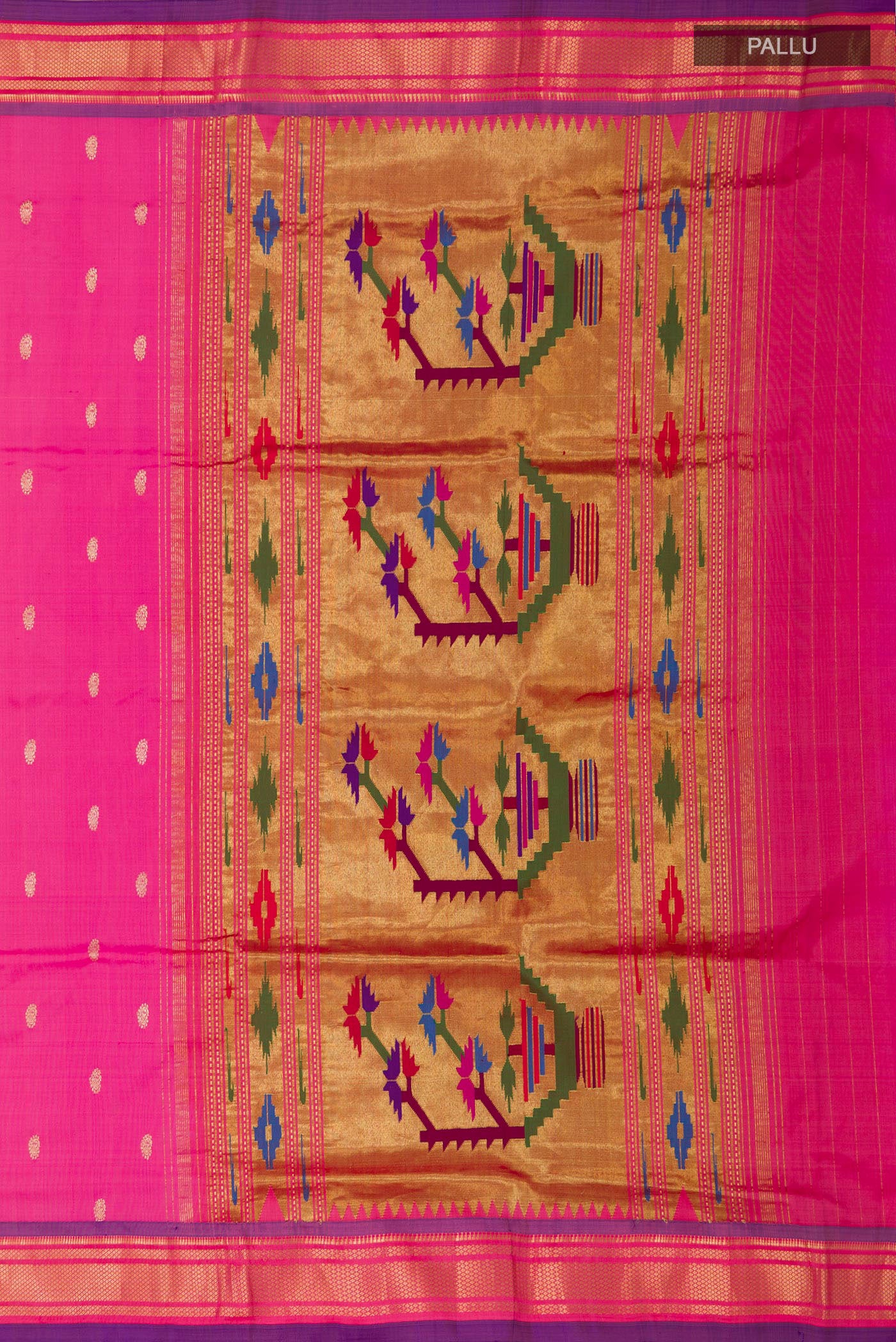 Close up image of the pallu of Pink Paithani Silk Saree with Zari Butta on the body and Zari Border. 