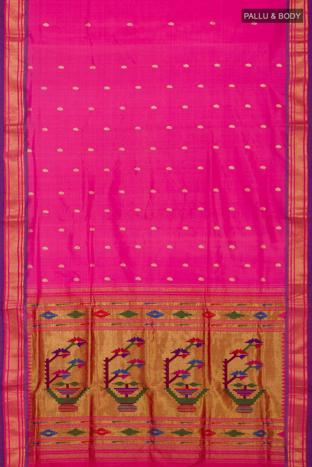 Flat view of Pink Paithani Silk Saree with Zari Butta on the body and Zari Border. 