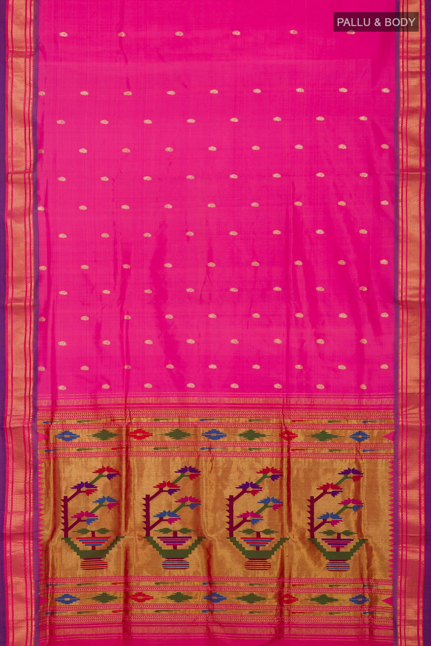 Flat view of Pink Paithani Silk Saree with Zari Butta on the body and Zari Border. 