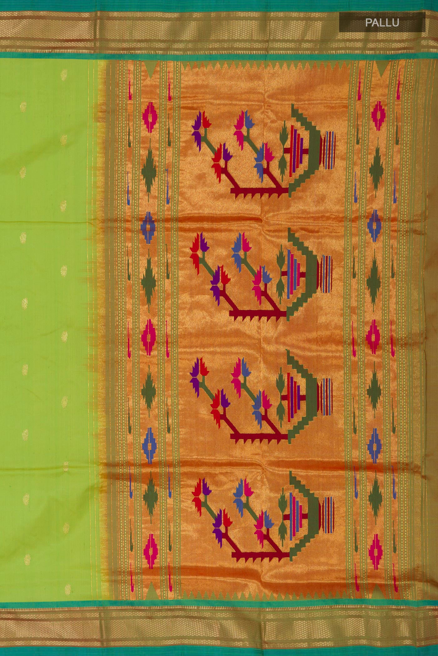 Close up image of the pallu of Green Paithani Silk Saree with Zari Butta on the body and Zari Border. 