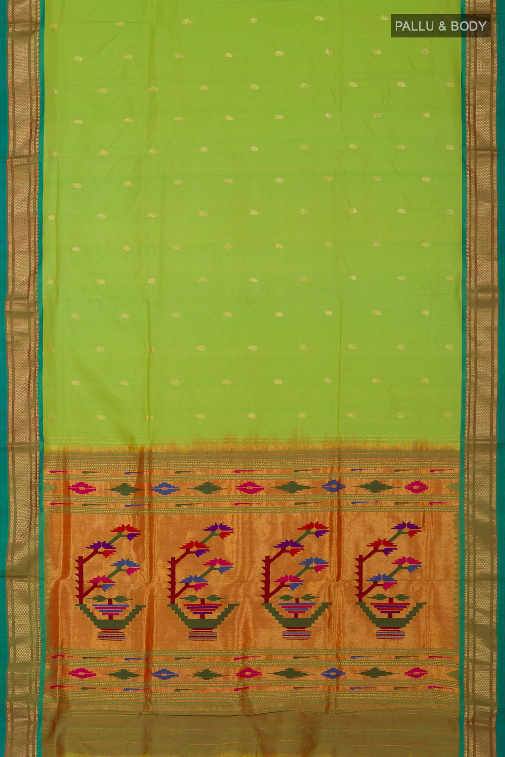 Flat view of Green Paithani Silk Saree with Zari Butta on the body and Zari Border. 