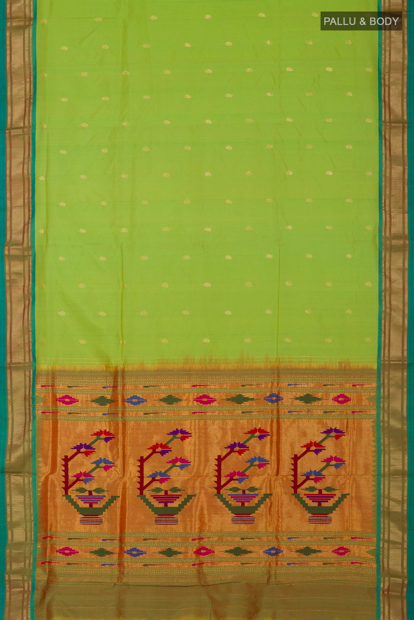 Flat view of Green Paithani Silk Saree with Zari Butta on the body and Zari Border. 