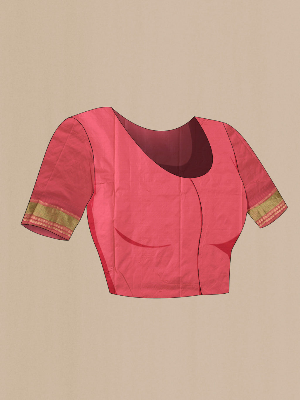 Close up image of the blouse of Peach Bangalore Silk Saree with Plain Body and Zari Border