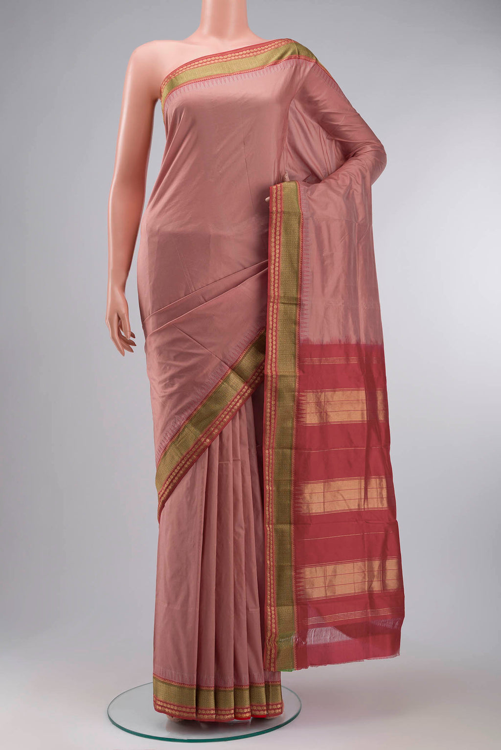 Peach Bangalore Silk Saree with Plain Body and Zari Border displayed on a mannequin
