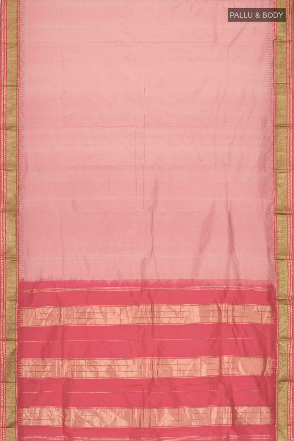 Flat view of Peach Bangalore Silk Saree with Plain Body and Zari Border