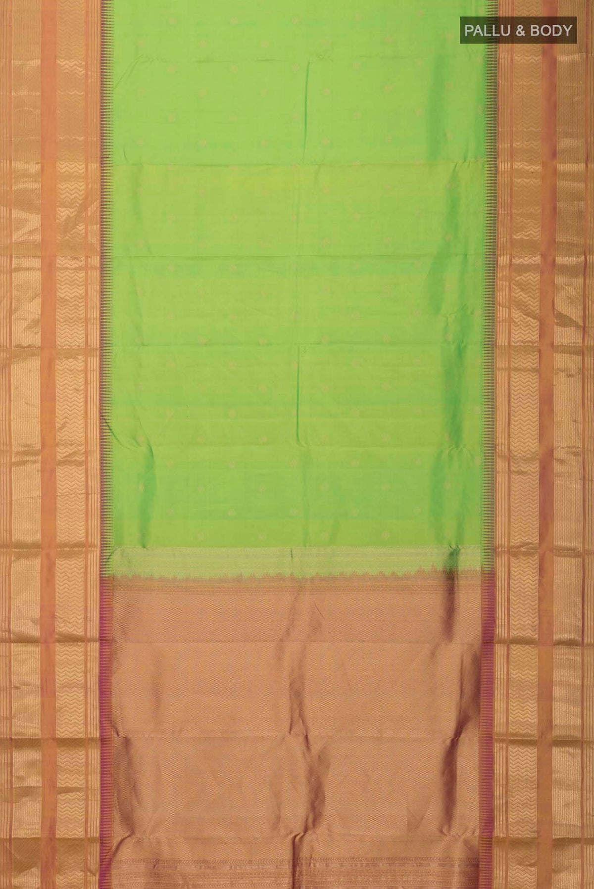 Flat view of Green Kanchipuram Silk Saree with Zari Butta on the body and Zari Border