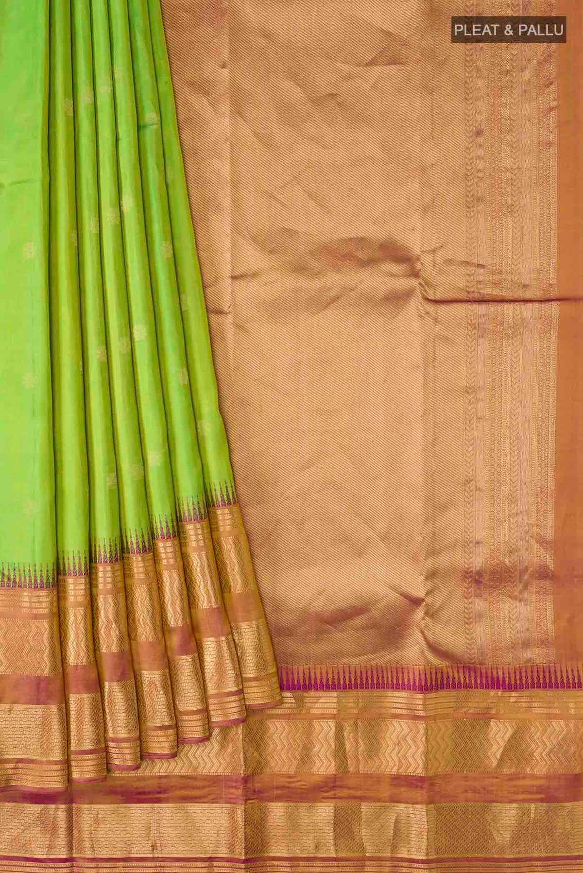 Pleats and pallu of Green Kanchipuram Silk Saree with Zari Butta on the body and Zari Border