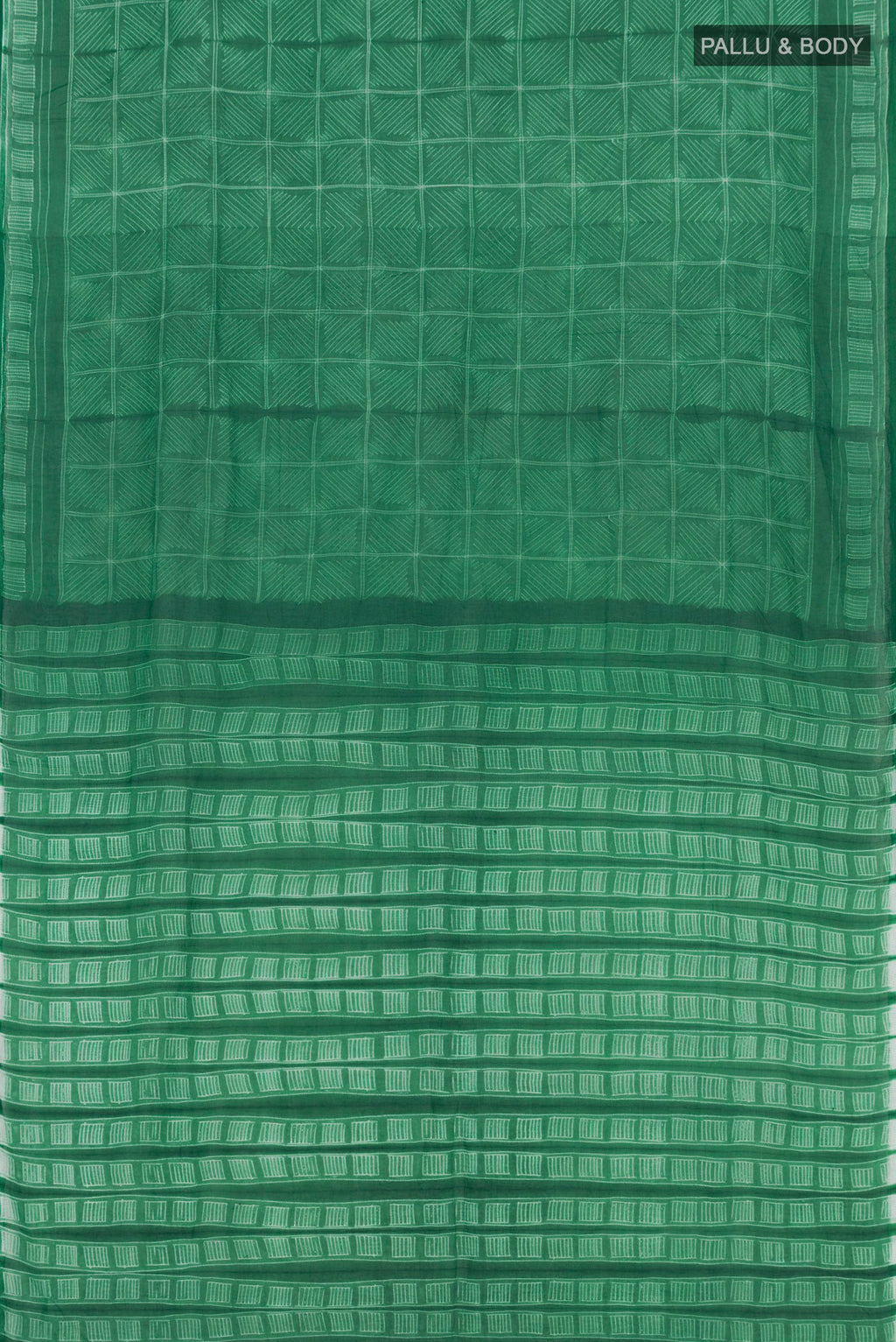 Flat view of Light Green Printed Cotton Saree with Printed design on the body and Printed Border. 