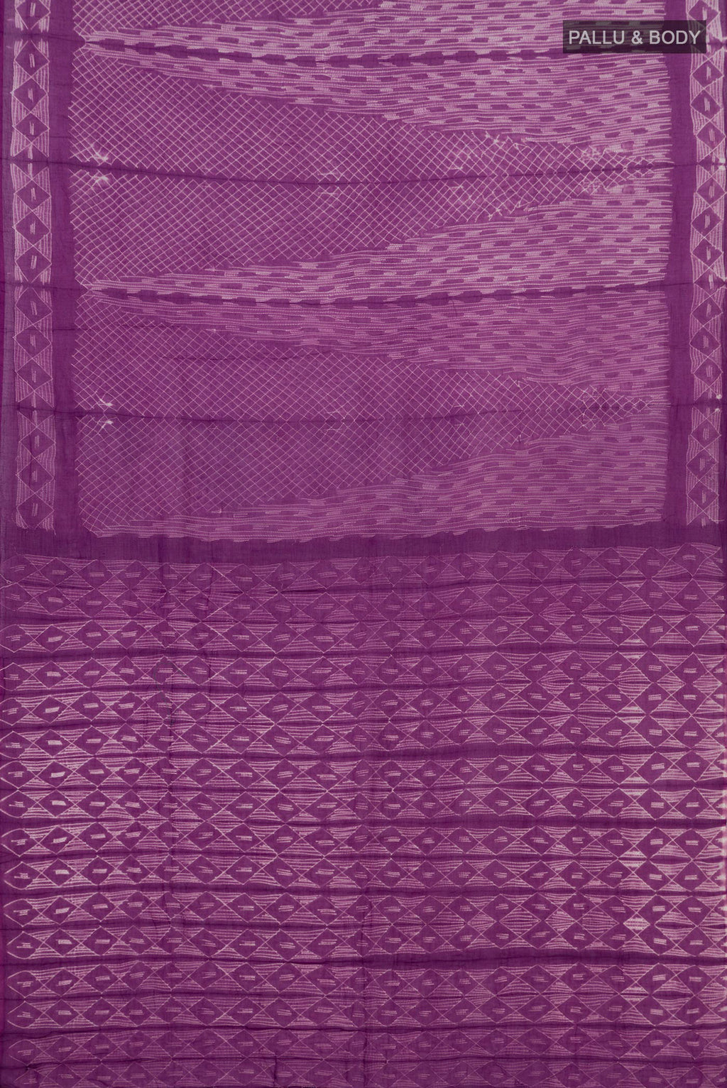 Flat view of Lavender Printed Cotton Saree with Printed design on the body and Printed Border. 