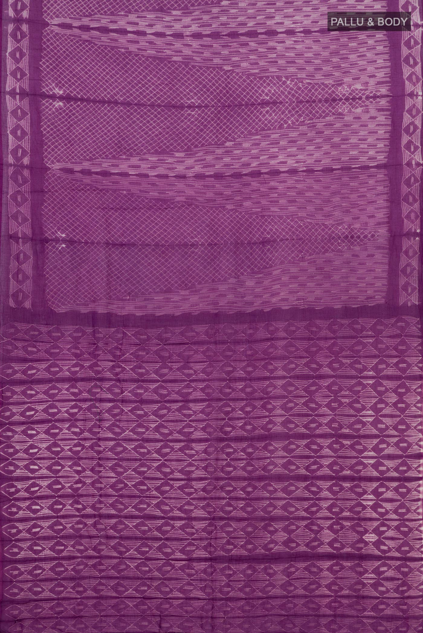 Flat view of Lavender Printed Cotton Saree with Printed design on the body and Printed Border. 