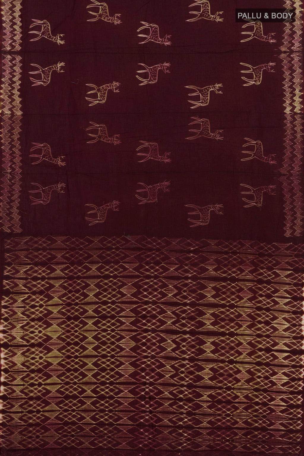 Flat view of Brown Printed Cotton Saree with Printed design on the body and Without Border. 