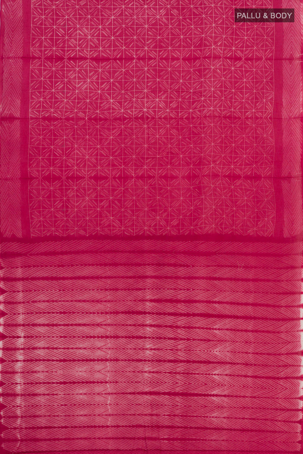 Flat view of Pink Printed Cotton Saree with Printed design on the body and Printed Border. 