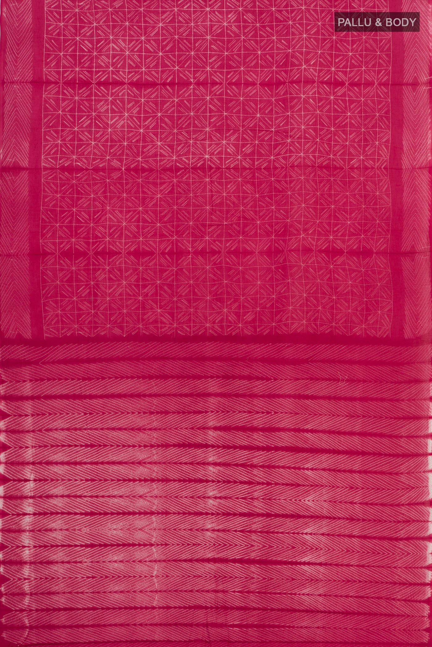 Flat view of Pink Printed Cotton Saree with Printed design on the body and Printed Border. 