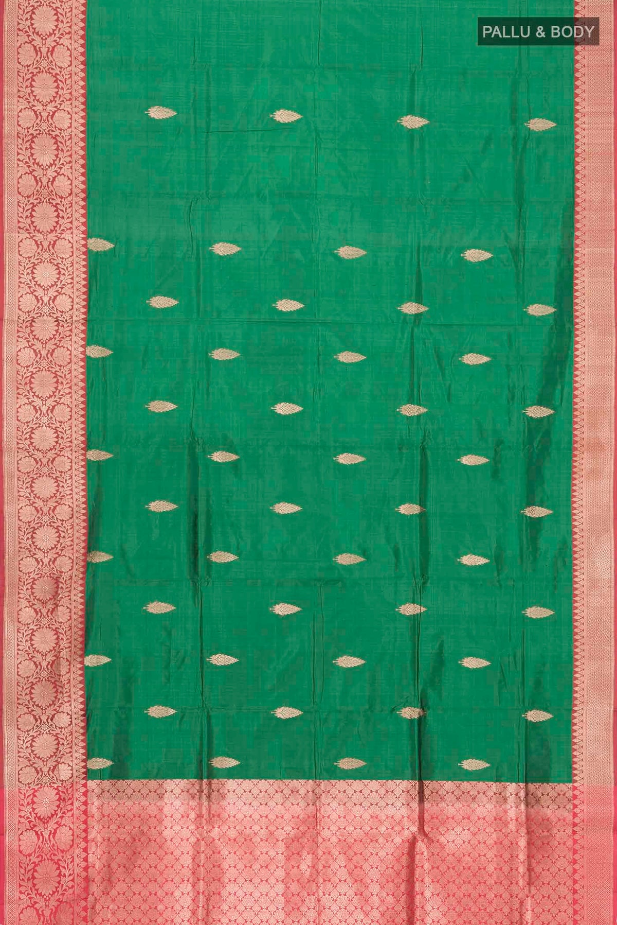 Flat view of Green Banarasi Katan Silk Saree with Zari Butta on the body and Zari Border