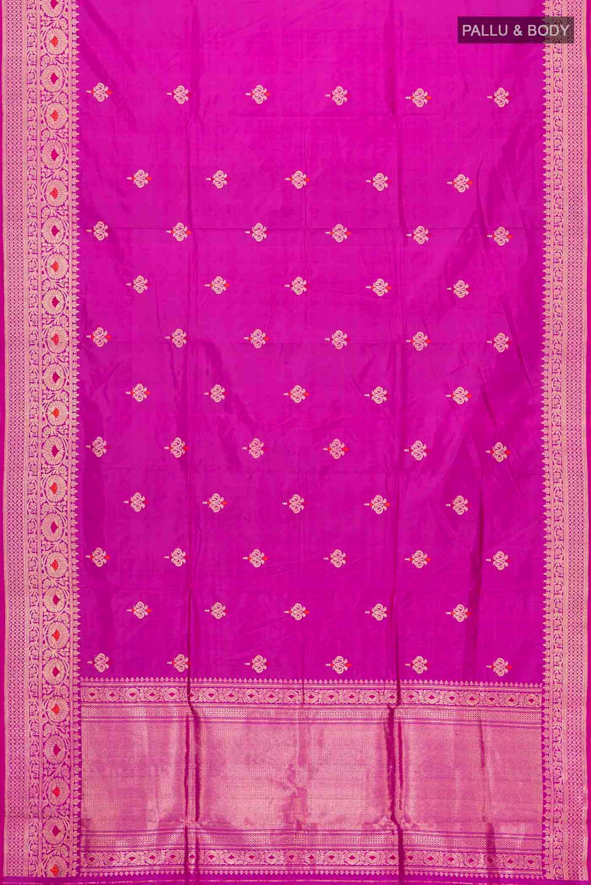 Flat view of Light Magenta Banarasi Katan Silk Saree with Zari Butta on the body and Zari Border
