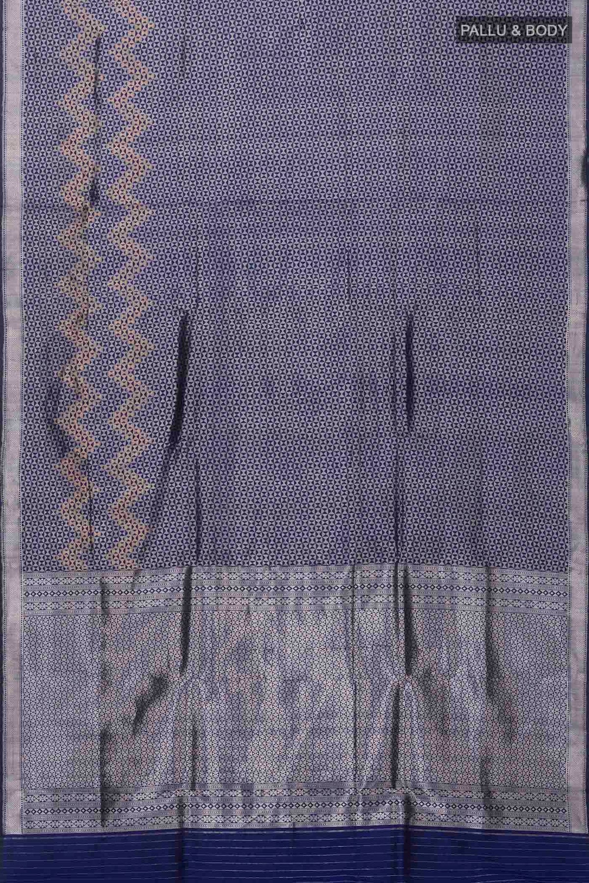 Flat view of Navy Blue Banarasi Katan Silk Saree with Zari Butta on the body and Zari Border