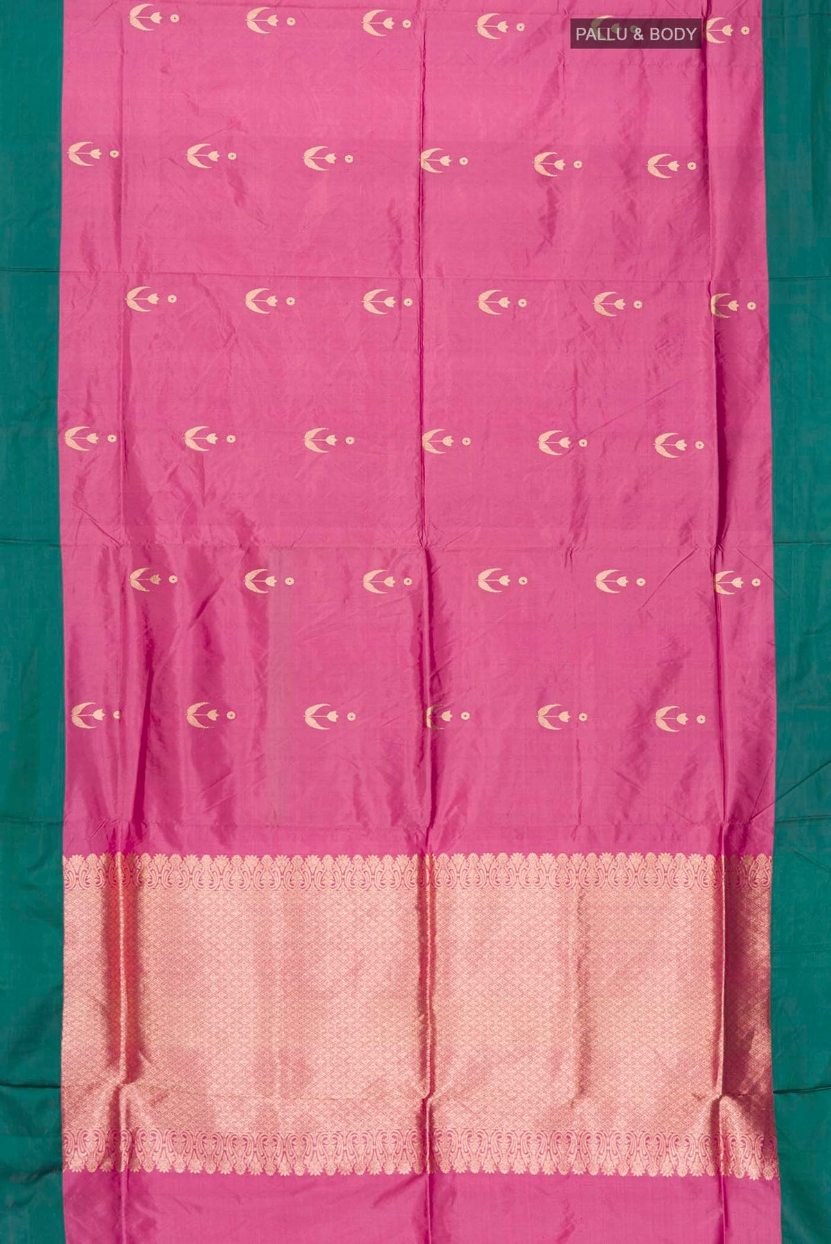 Flat view of Pink Banarasi Katan Silk Saree with Zari Butta on the body and Plain Border