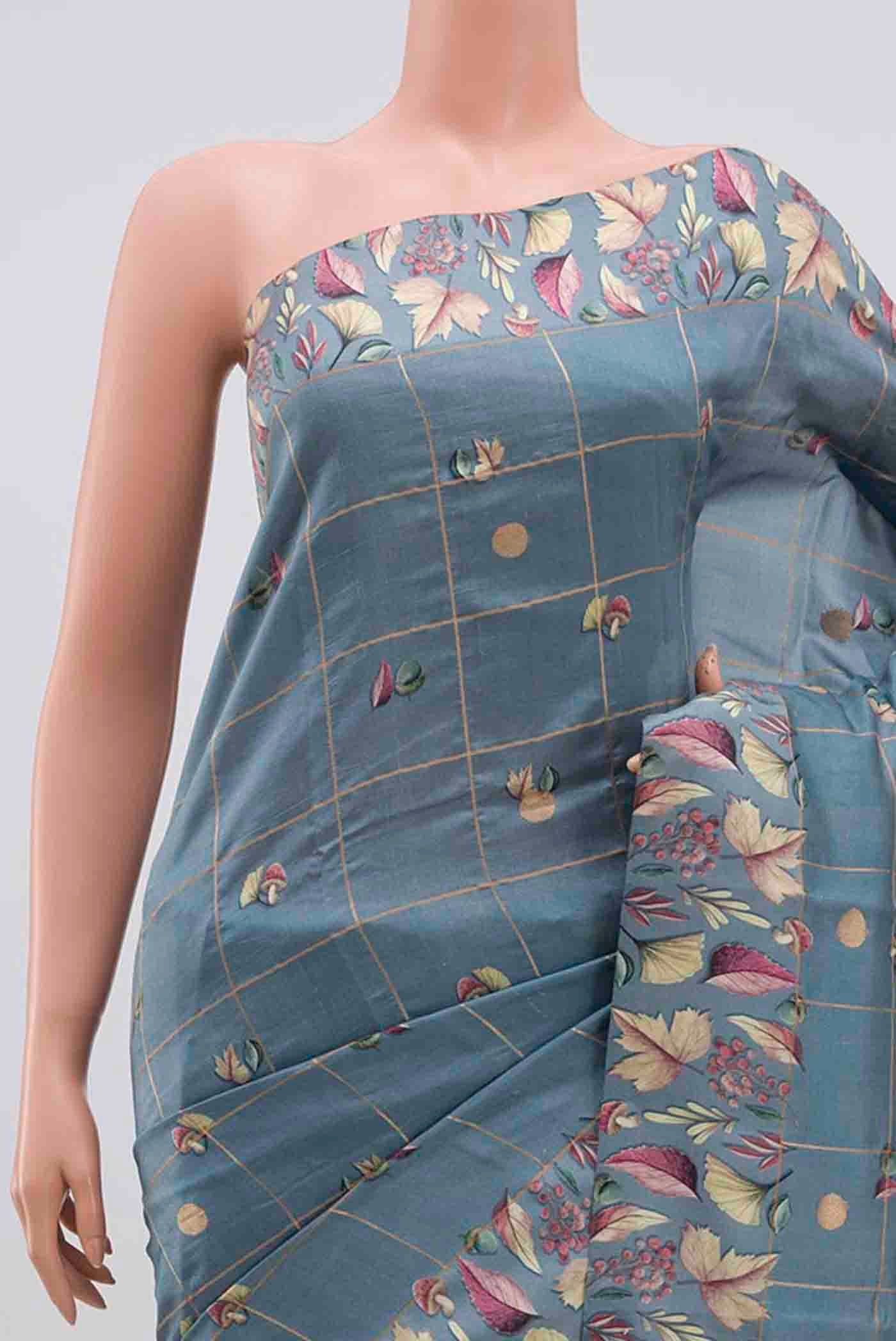 Border image of Grey Banarasi Katan Silk Saree with Checked design on the body and Printed Border. 