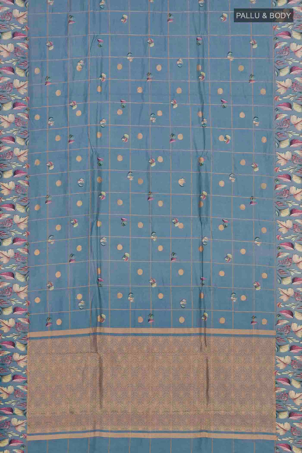 Flat view of Grey Banarasi Katan Silk Saree with Checked design on the body and Printed Border. 