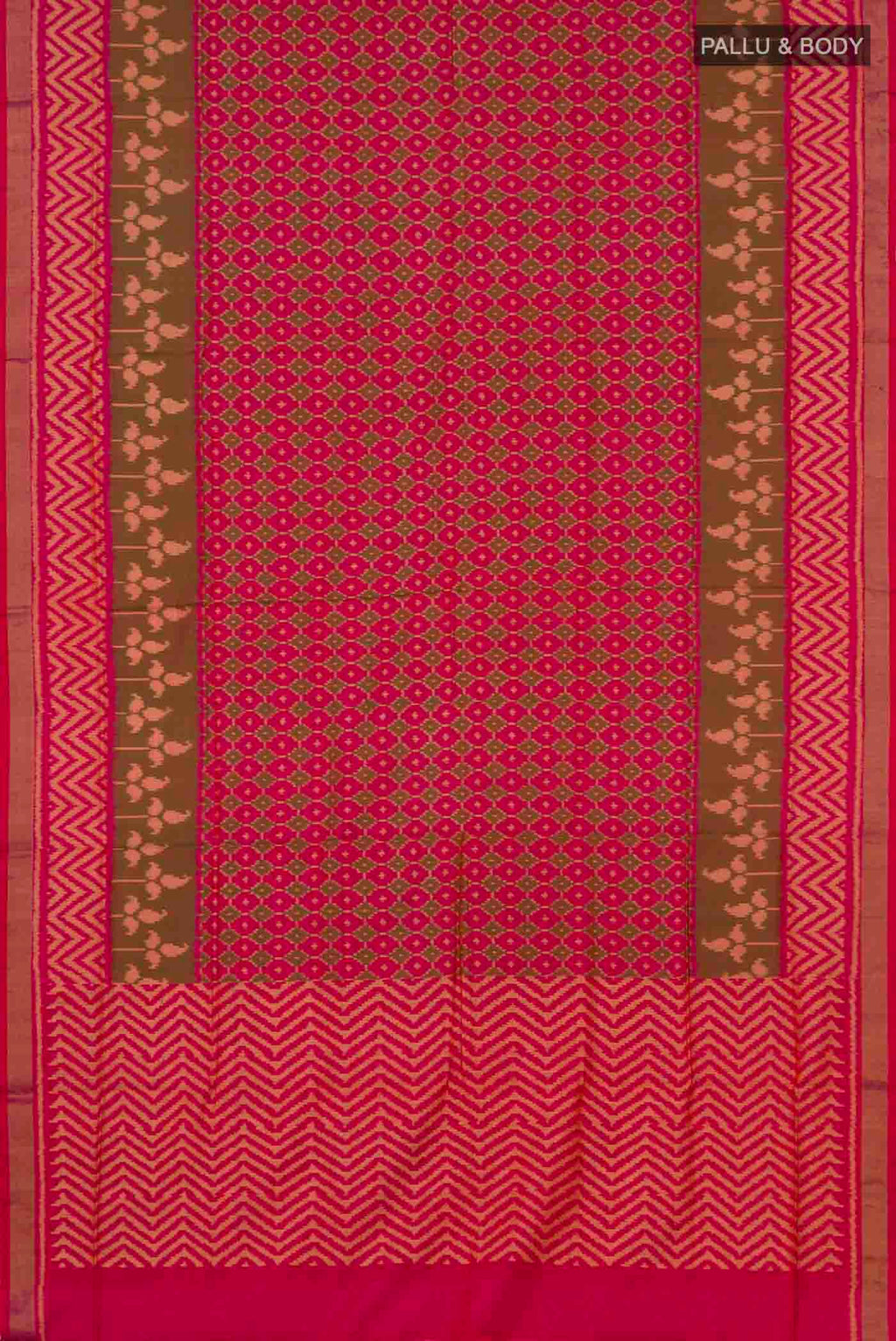 Flat view of Dark Pink Rajkot Patola Silk Saree with Ikat design on the body and Zari Border. 
