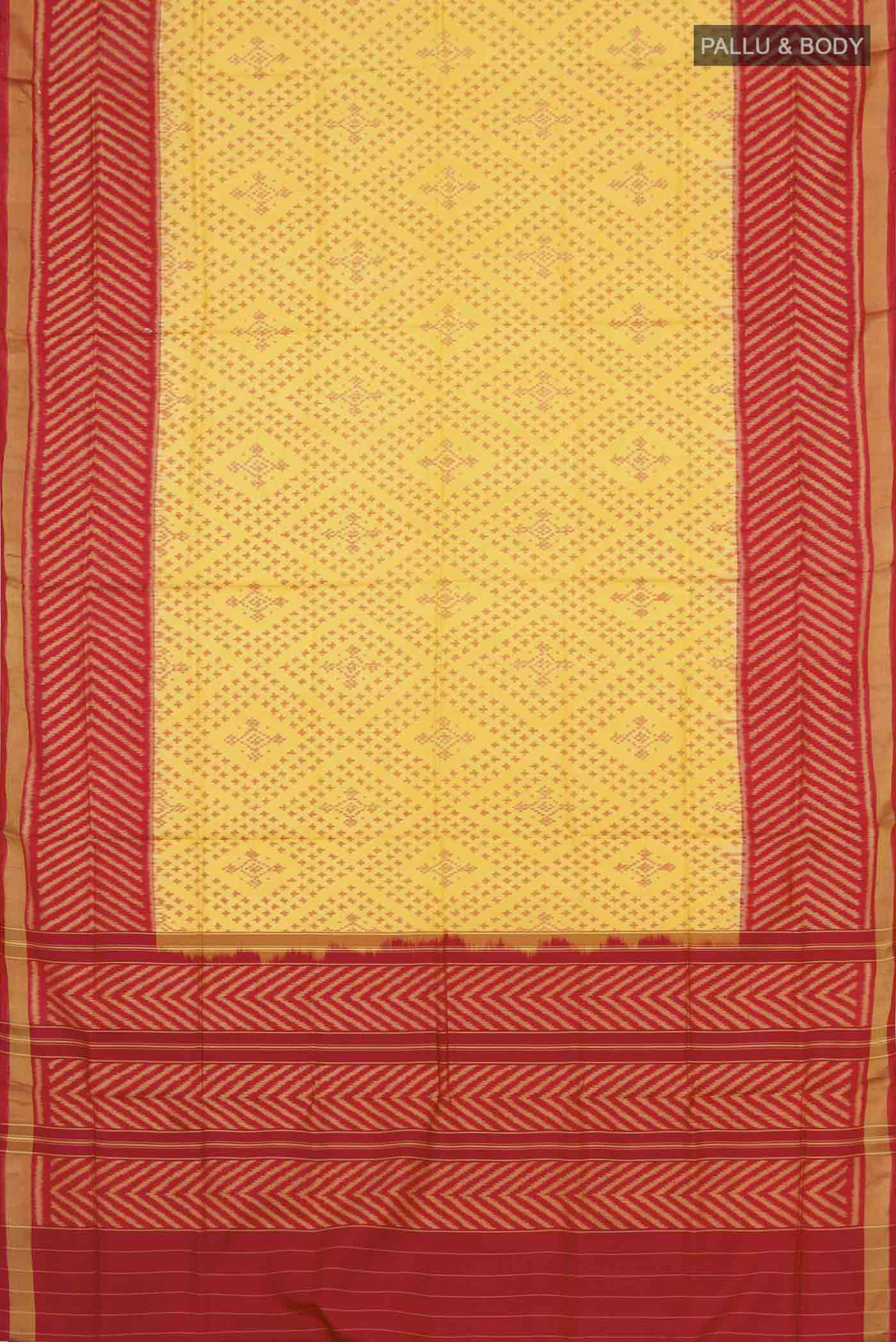 Flat view of Yellow Rajkot Patola Silk Saree with Ikat design on the body and Zari Border