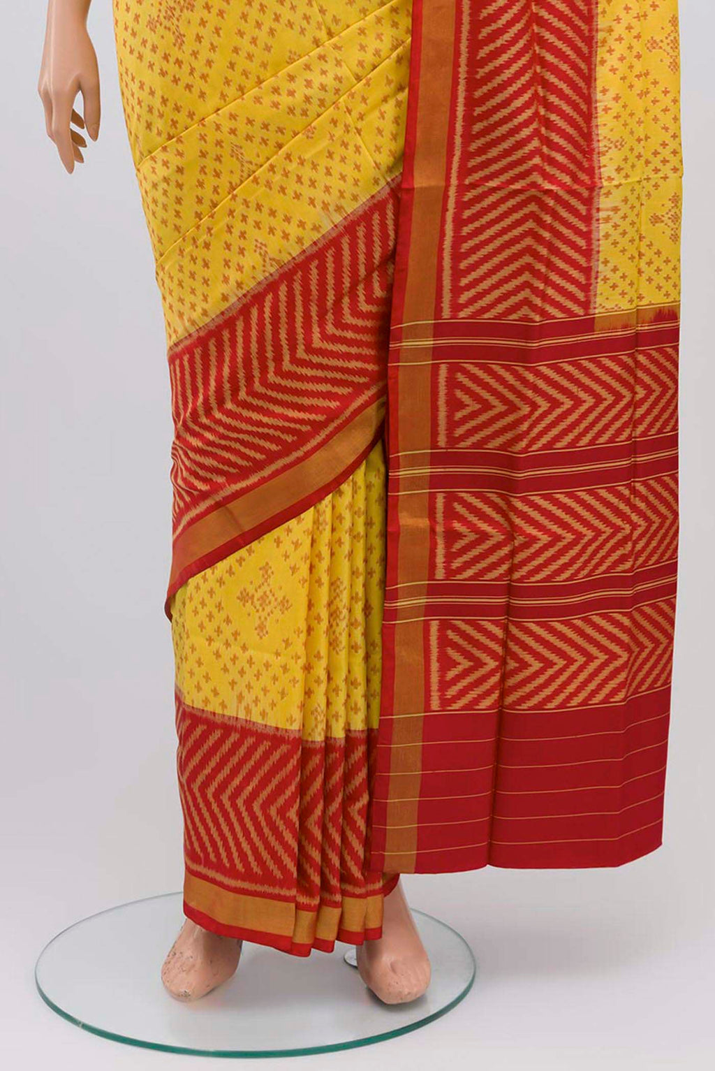 Pleats and pallu of Yellow Rajkot Patola Silk Saree with Ikat design on the body and Zari Border