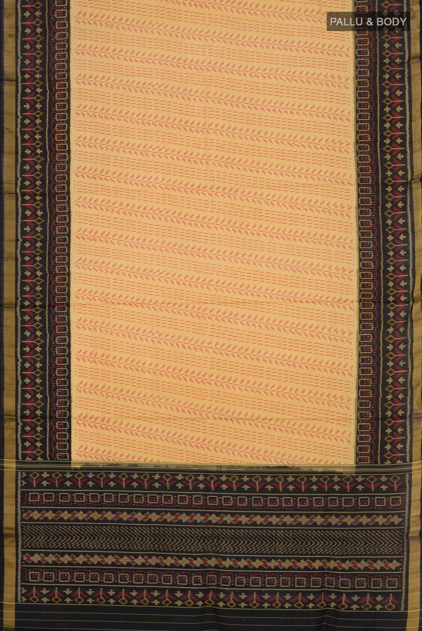 Flat view of Cream Rajkot Patola Silk Saree with Ikat Print on the body and Ikat Border. 