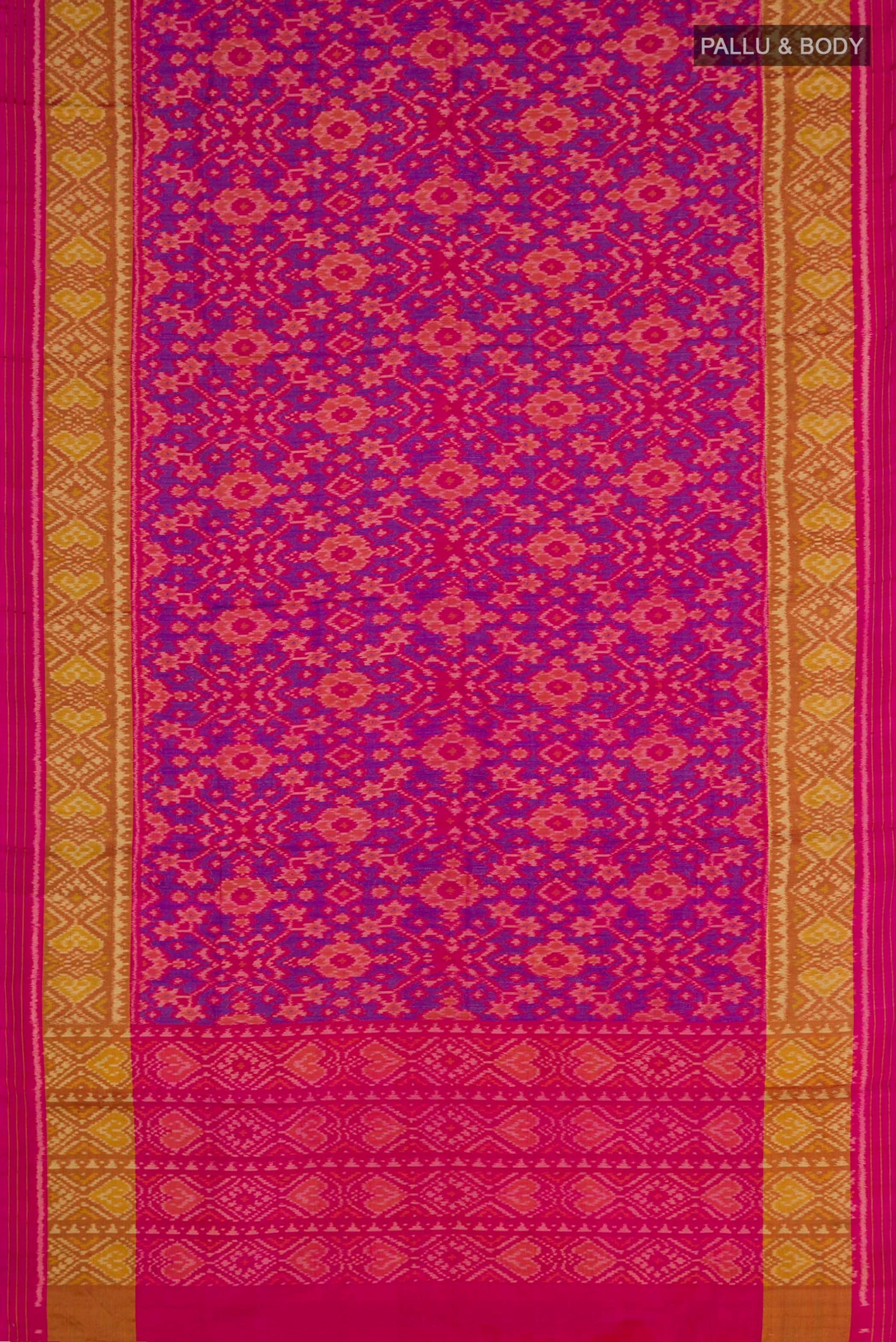 Flat view of Pink Rajkot Patola Silk Saree with Ikat Print on the body and Ikat Border. 