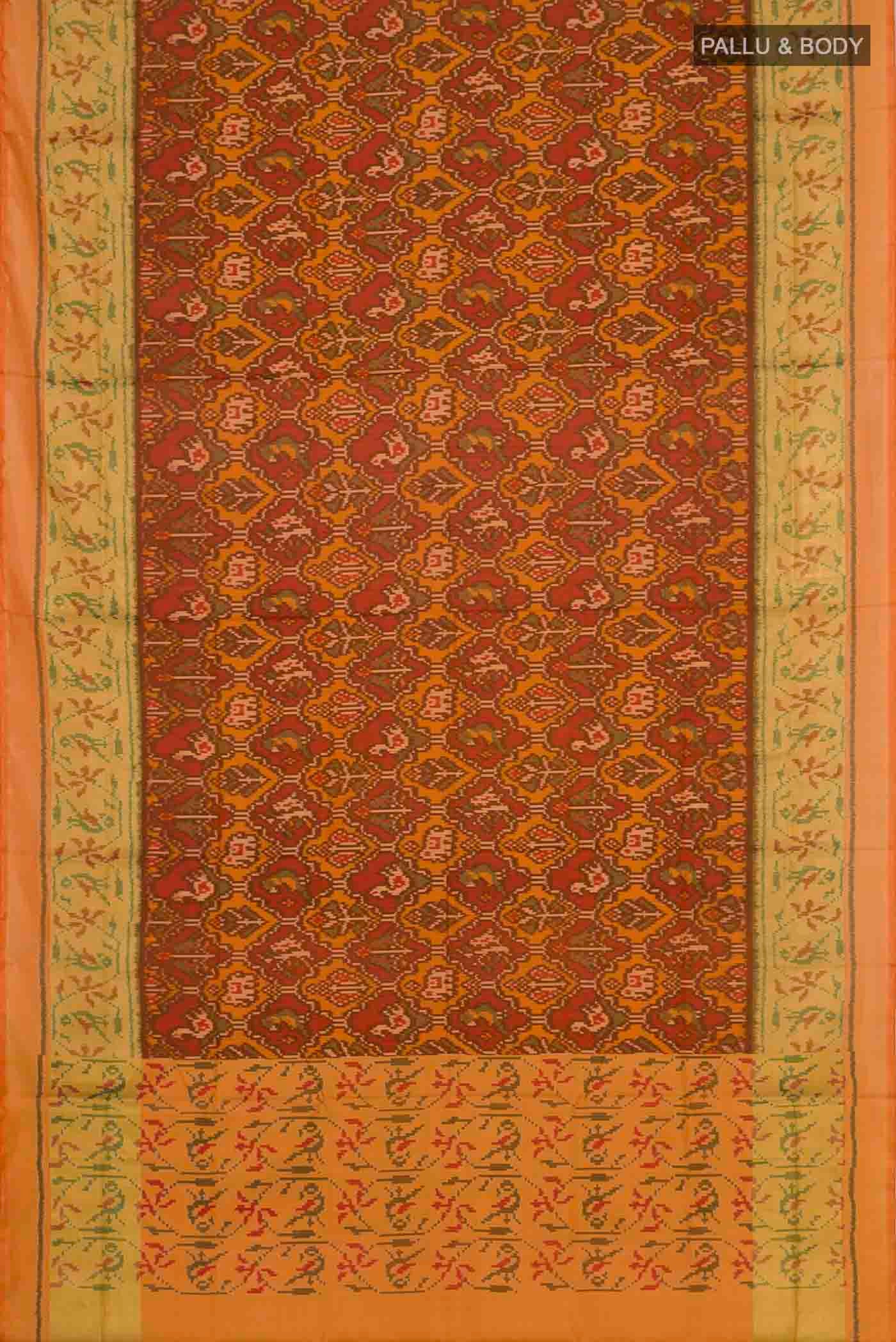 Flat view of Rust Rajkot Patola Silk Saree with Pure Ikat on the body and Zari Border
