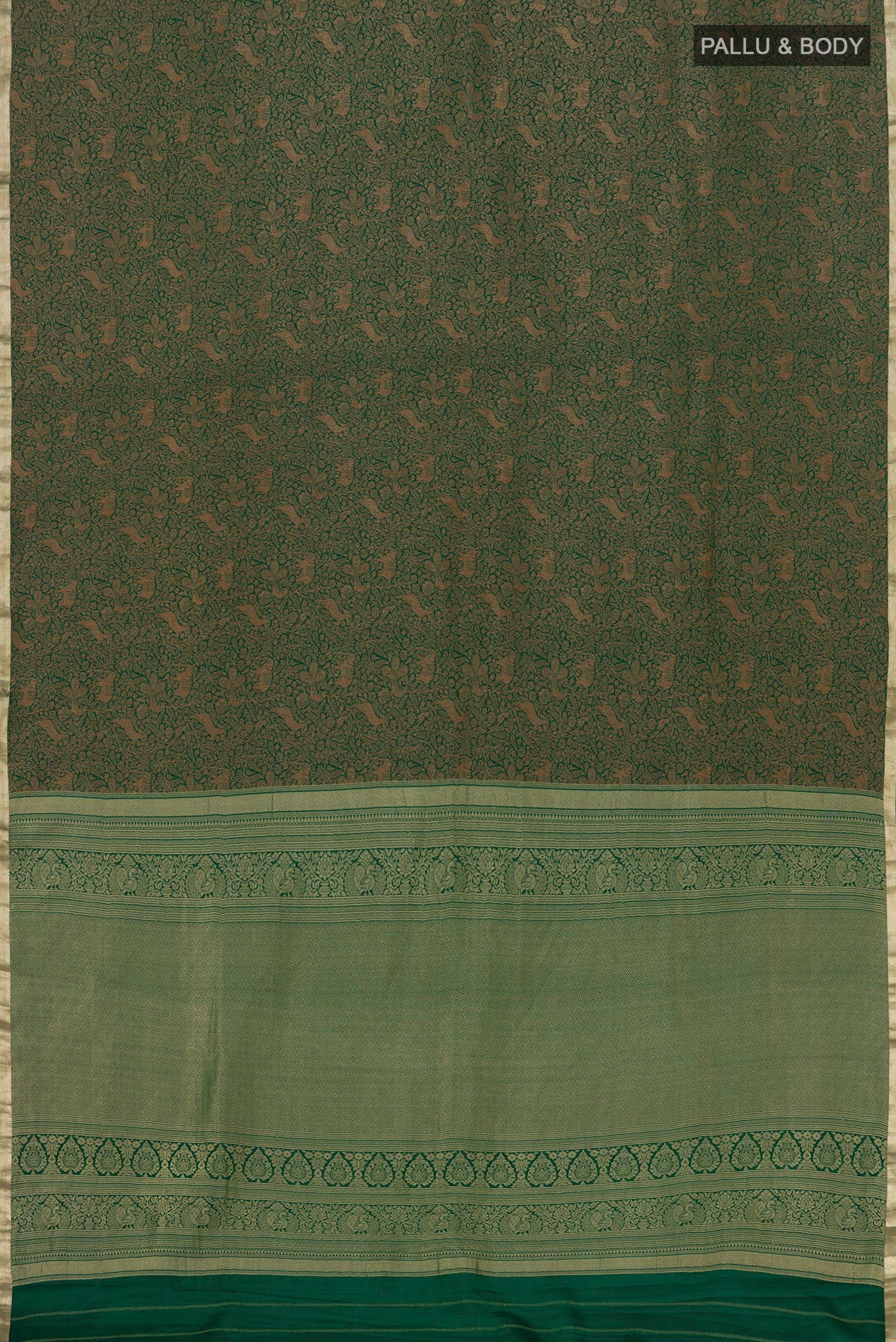 Flat view of Green Mysore Crepe Saree with Zari Brocade on the body and Fancy Border. 