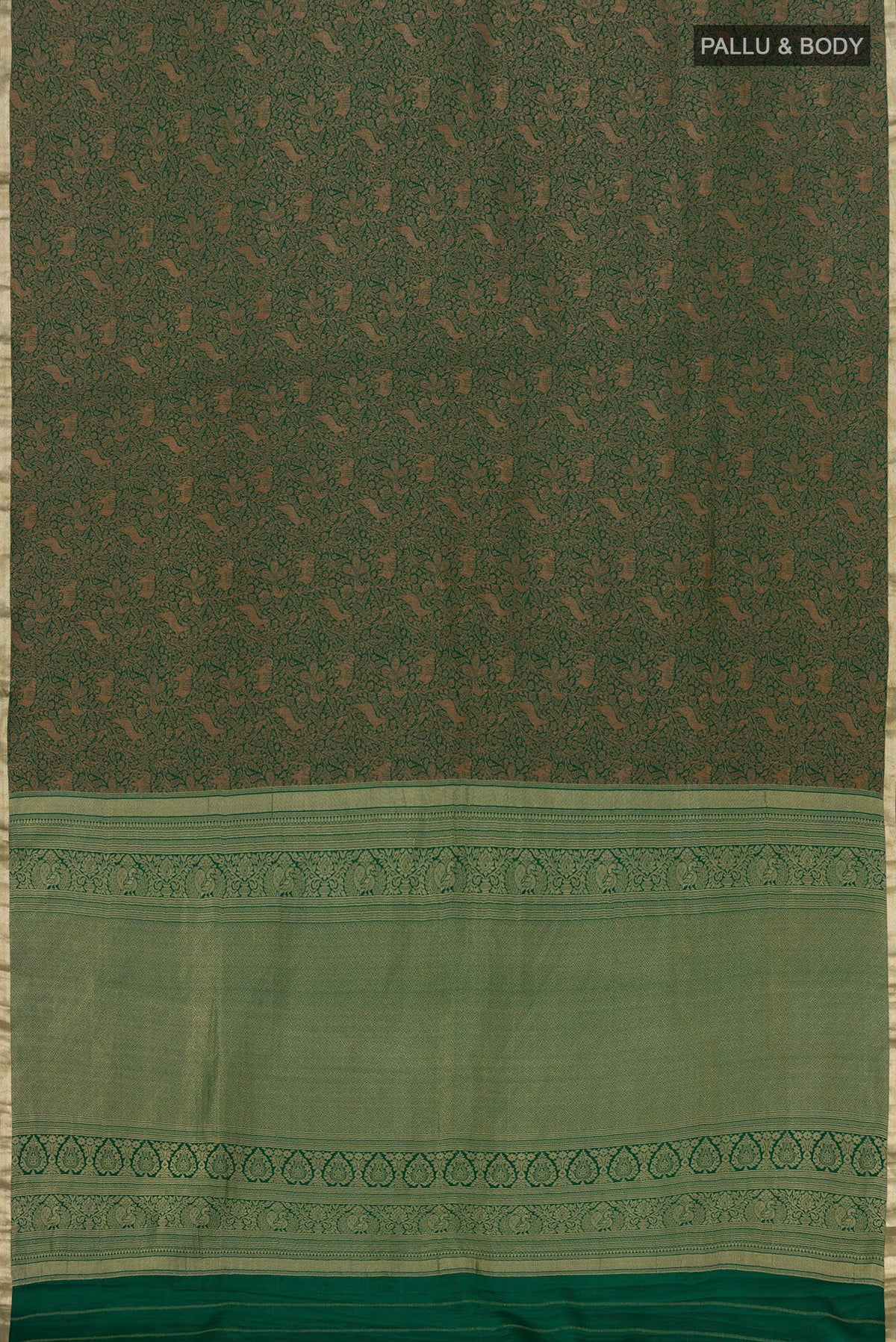 Flat view of Green Mysore Crepe Saree with Zari Brocade on the body and Fancy Border. 