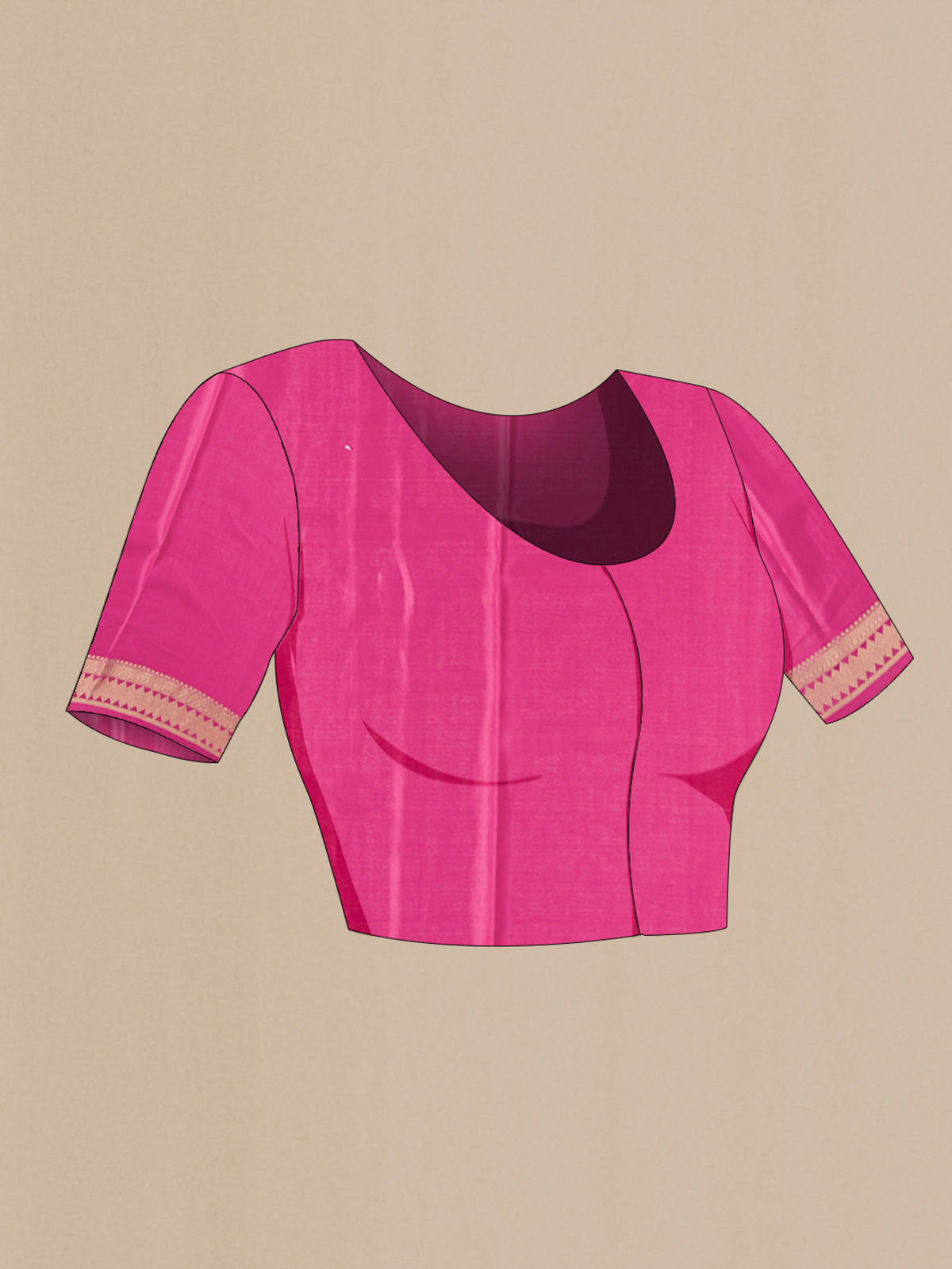 Close up image of the blouse of Pink Mysore Crepe Saree with Zari Butta on the body and Zari Border