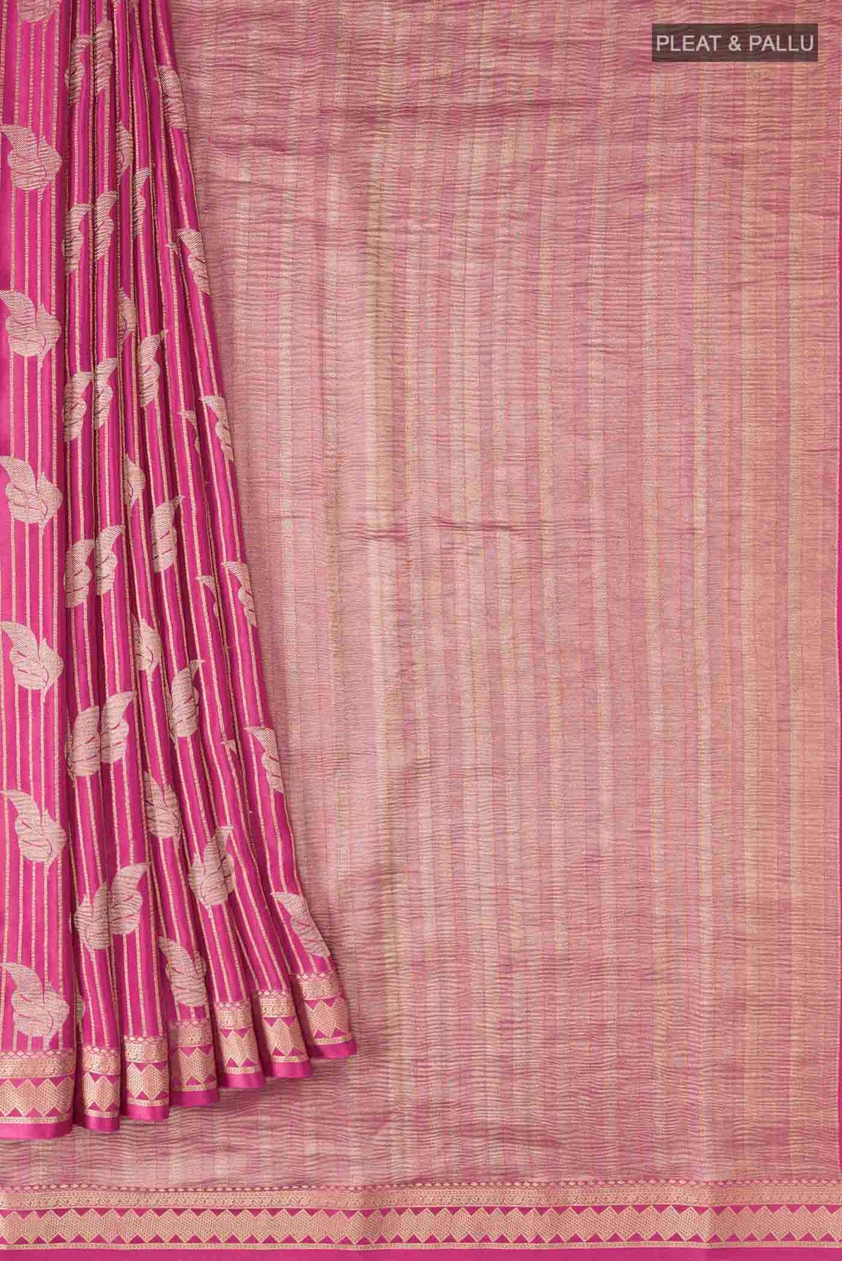 Pleats and pallu of Pink Mysore Crepe Saree with Zari Butta on the body and Zari Border
