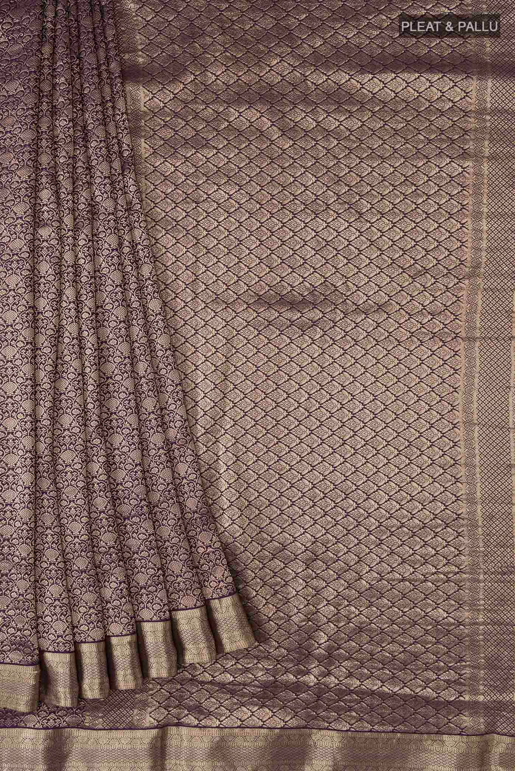 Pleats and pallu of Navy Blue Mysore Crepe Saree with Zari Brocade on the body and Zari Border