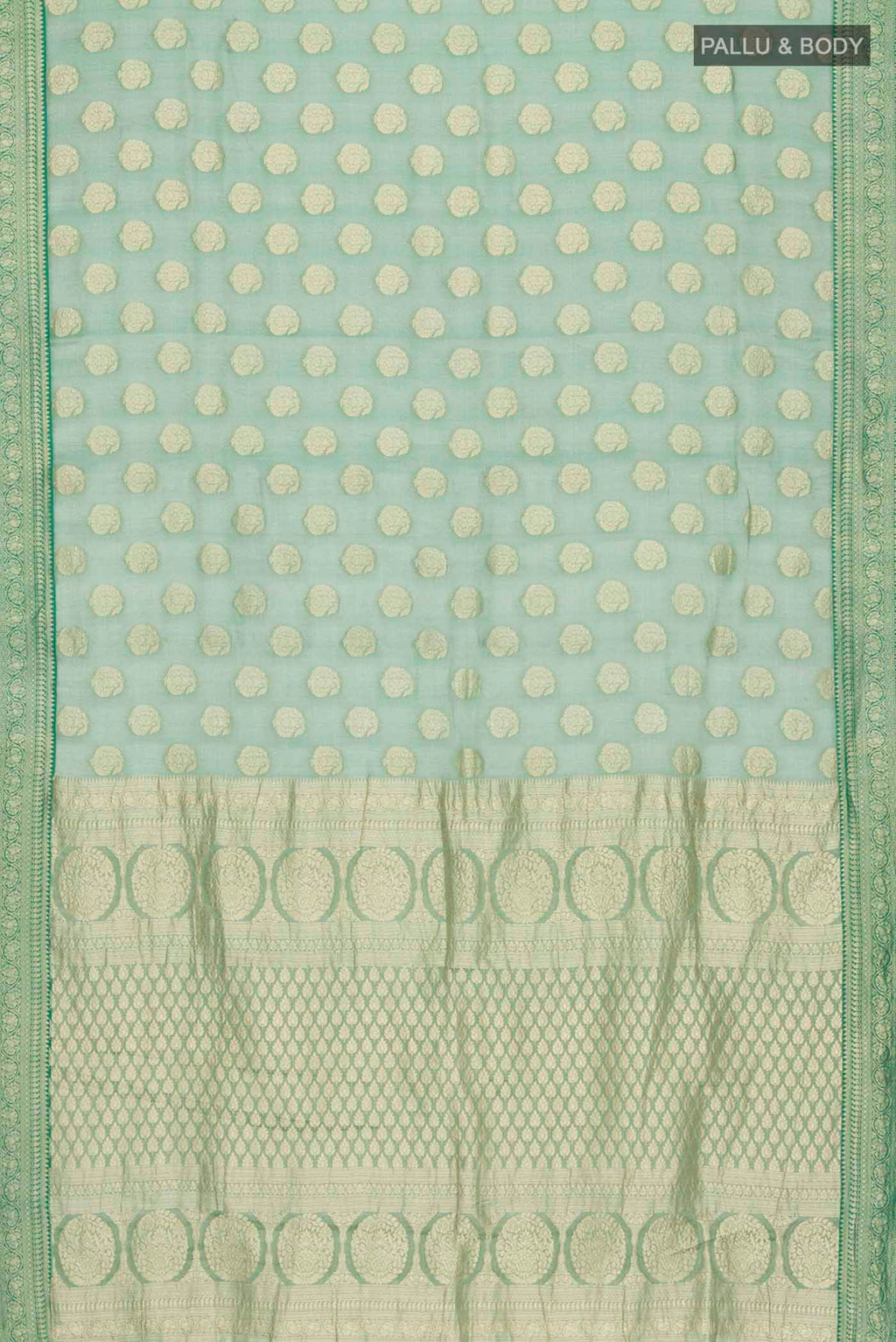 Flat view of Green Banarasi Georgette Saree with Zari Butta on the body and Zari Border