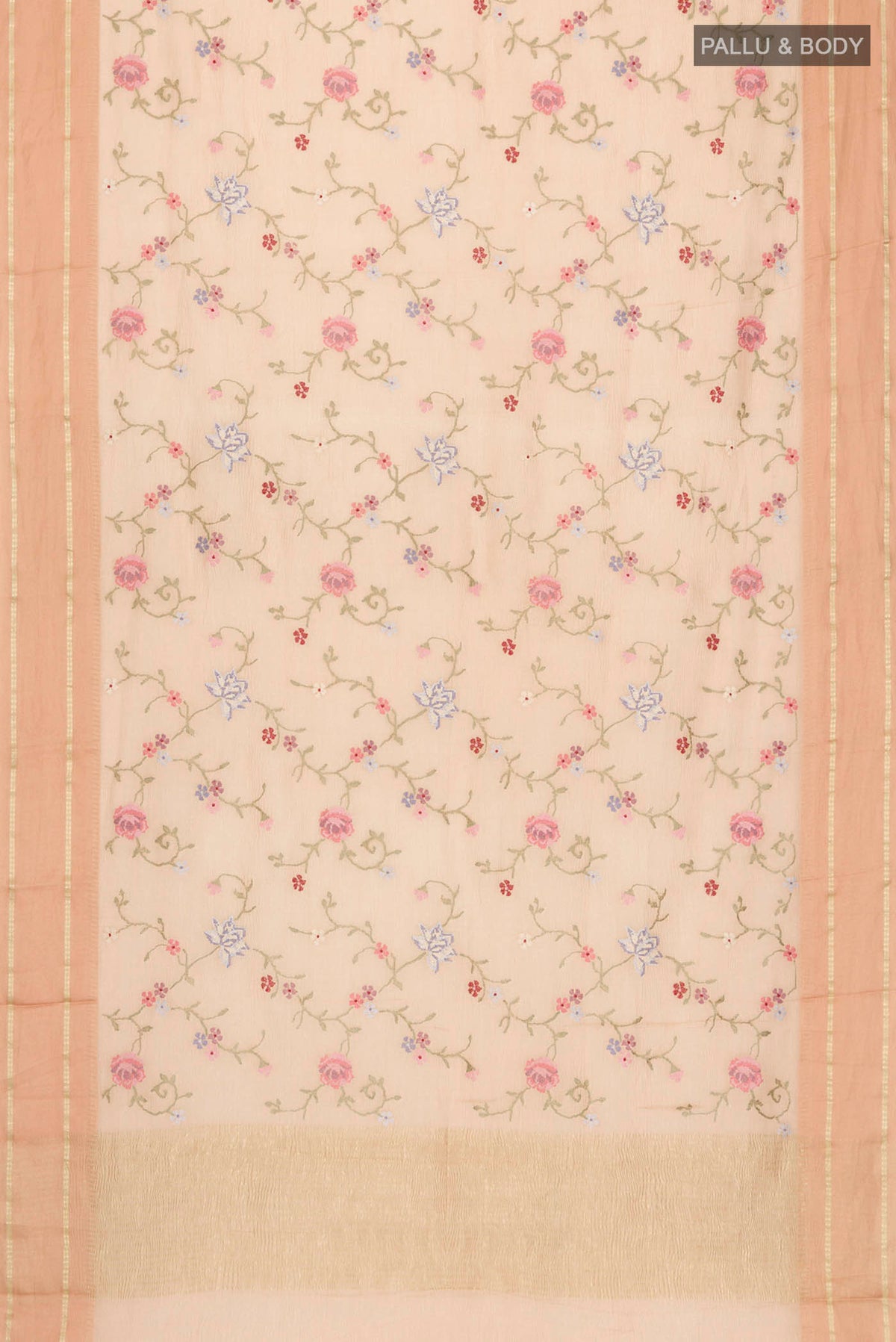 Flat view of Peach Mysore Georgette Saree with Embroidery on the body and Plain Border