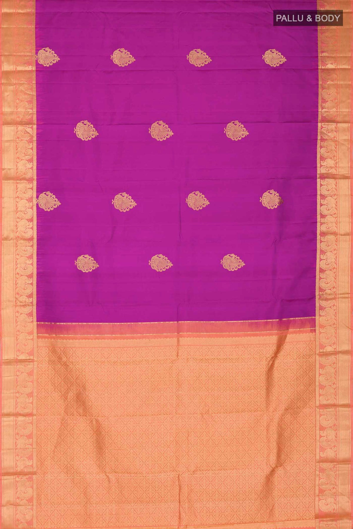 Flat view of Purple Kanchipuram Silk Saree with Zari Butta on the body and Zari Border