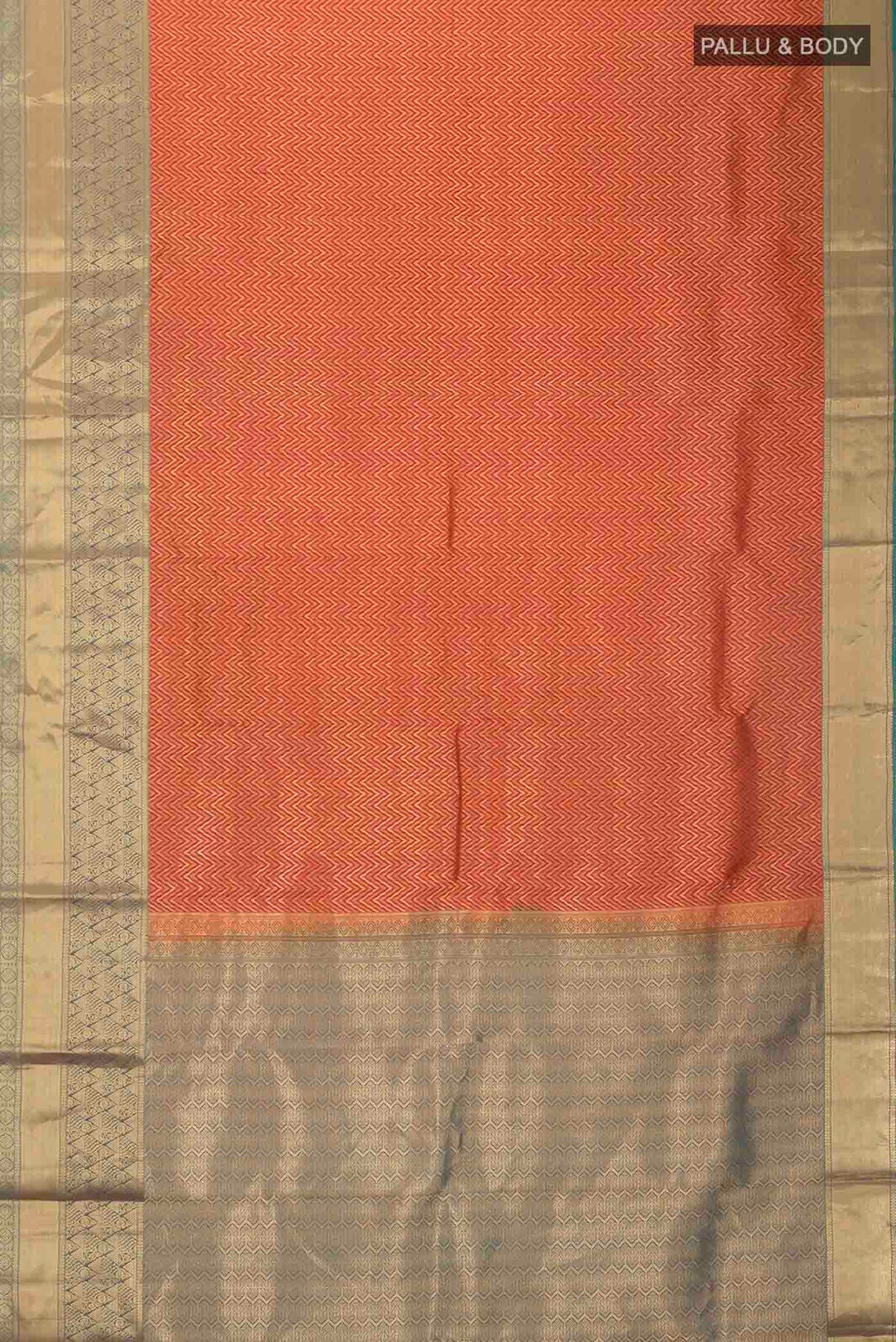 Flat view of Rust Kanchipuram Silk Saree with Zari Brocade on the body and Zari Border