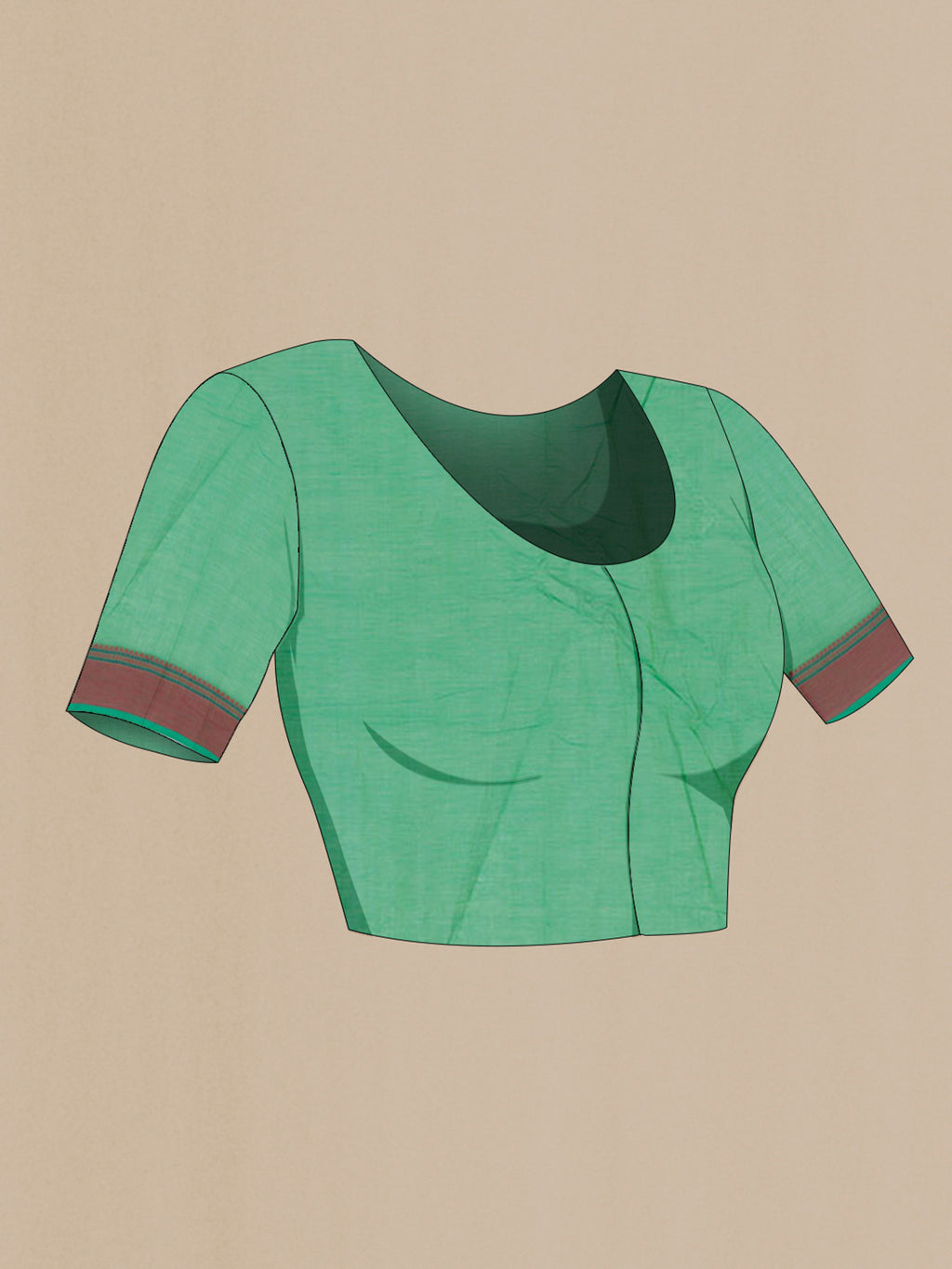 Close up image of the blouse of Green Coimbatore Cotton Saree with Checked design on the body and Thread Border. 