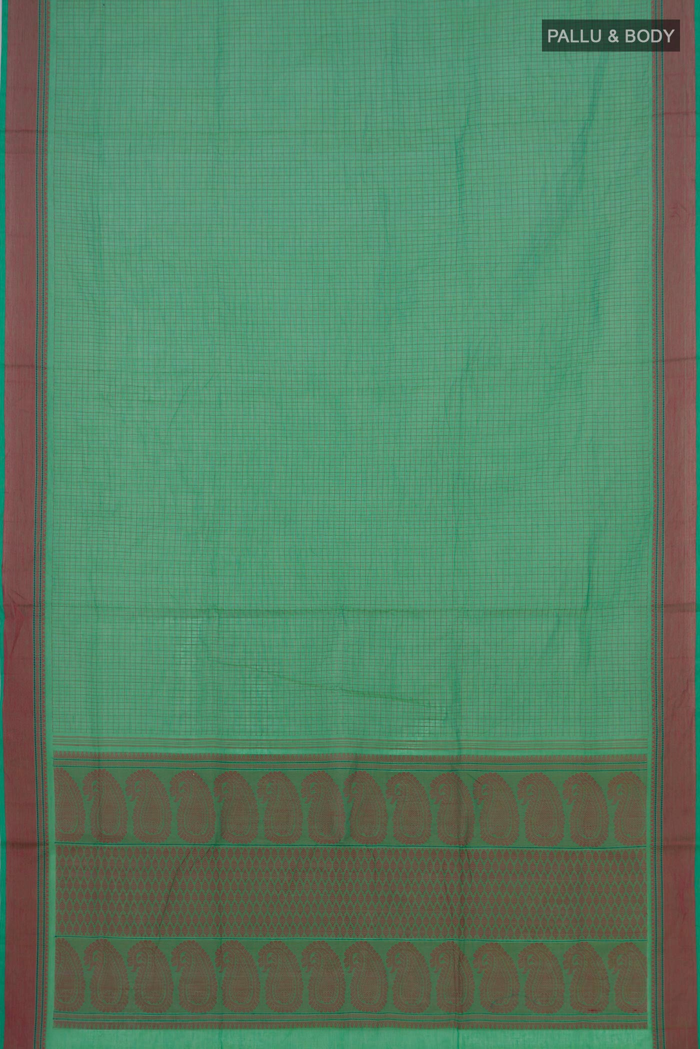 Flat view of Green Coimbatore Cotton Saree with Checked design on the body and Thread Border. 