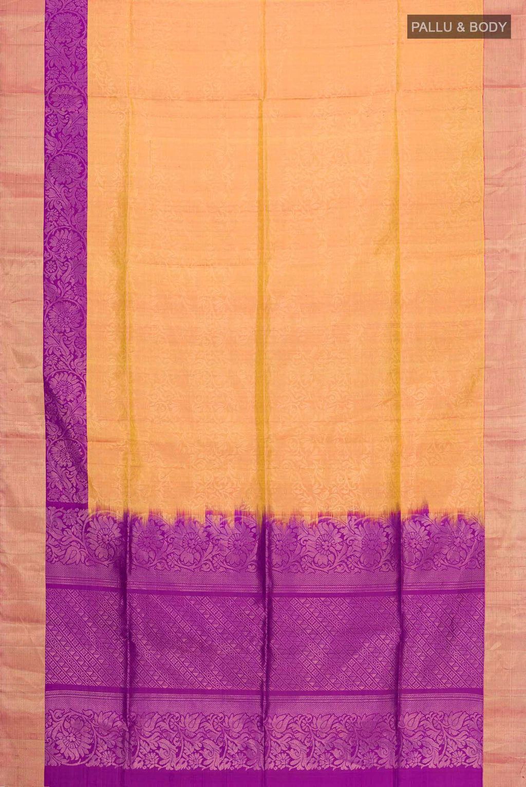Flat view of Yellow with Pink Color Soft Silk Saree with Zari Brocade on the body and Zari Border