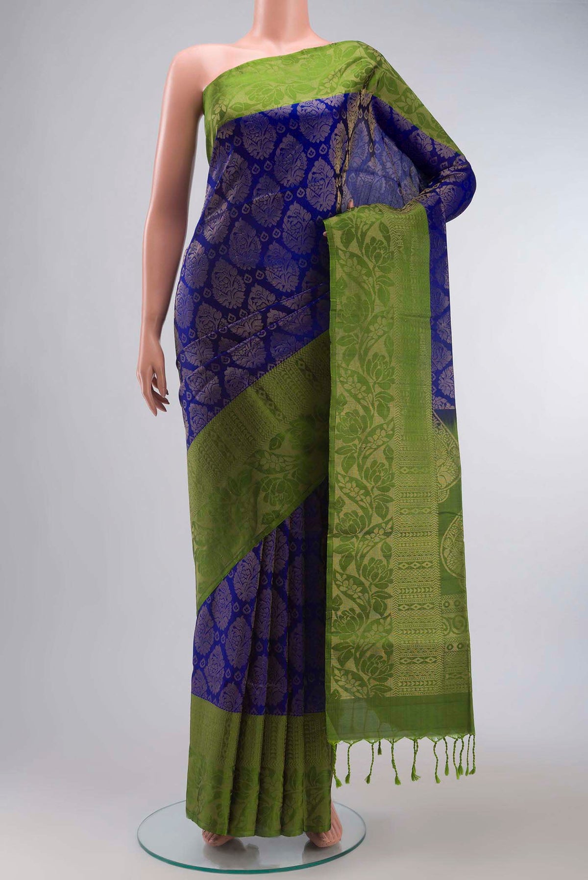 Blue Soft Silk Saree with Zari Brocade on the body and Zari Border displayed on a mannequin