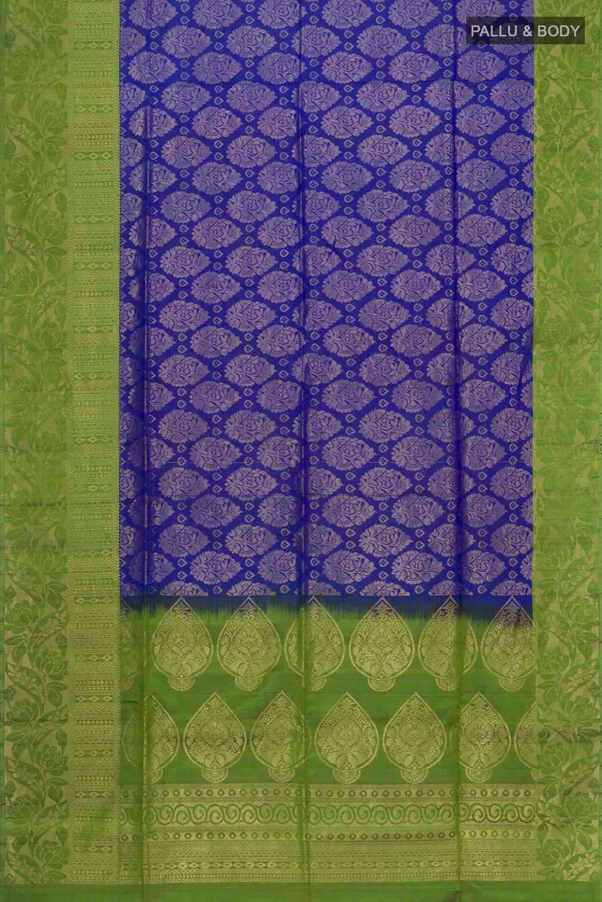 Flat view of Blue Soft Silk Saree with Zari Brocade on the body and Zari Border