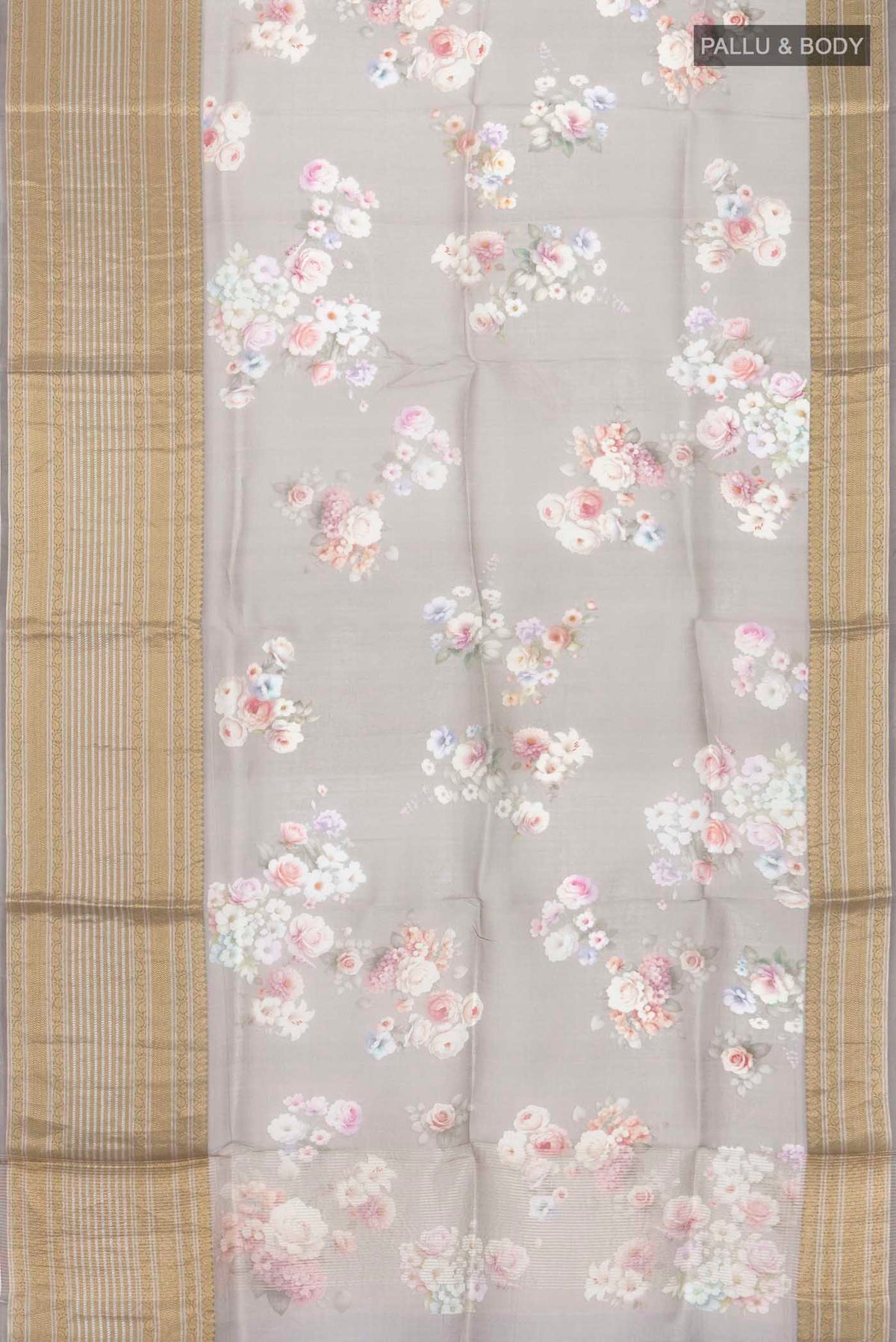 Flat view of Grey Organza Silk Saree with Printed design on the body and Zari Border