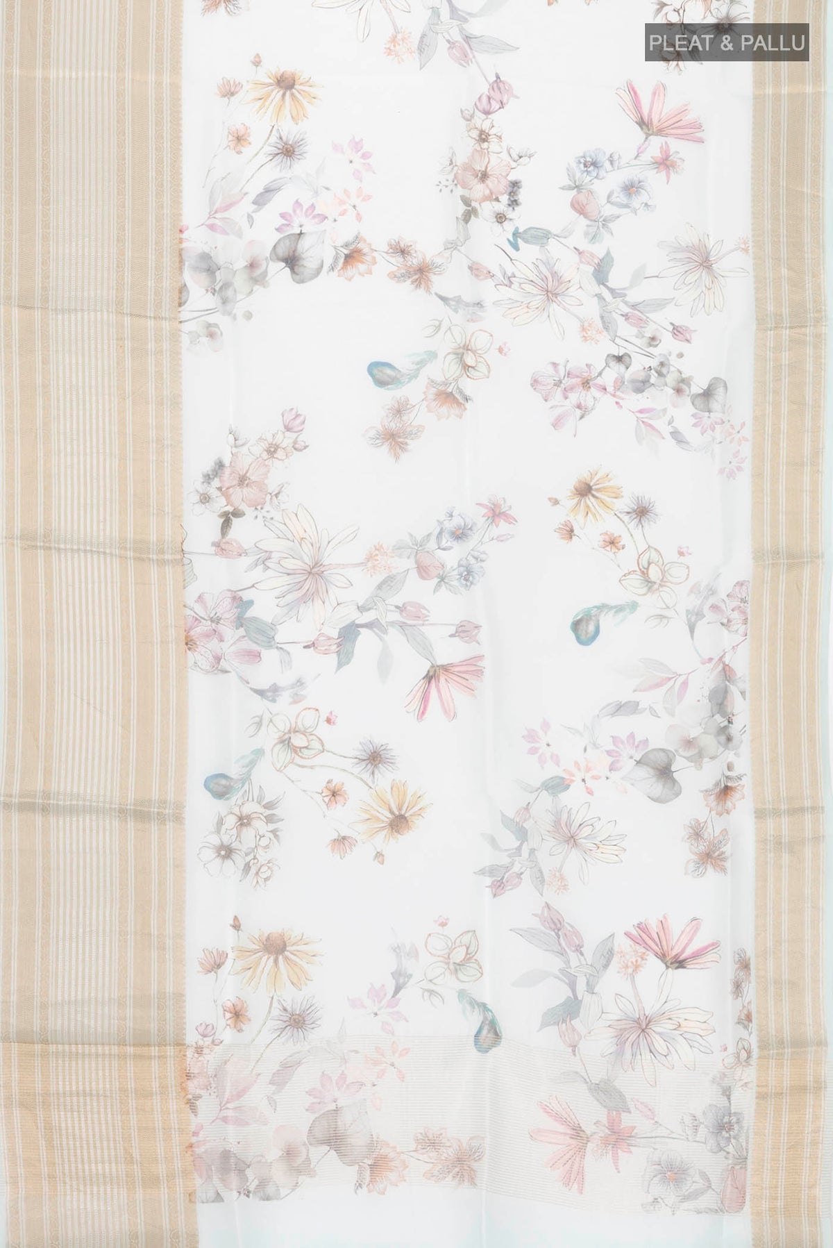 Flat view of Light Blue Organza Silk Saree with Printed design on the body and Zari Border