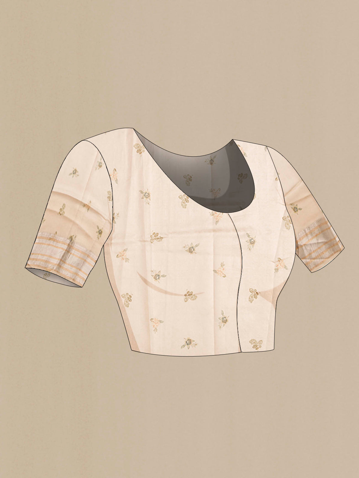 Close up image of the blouse of Beige Organza Silk Saree with Floral Print on the body and Zari Border