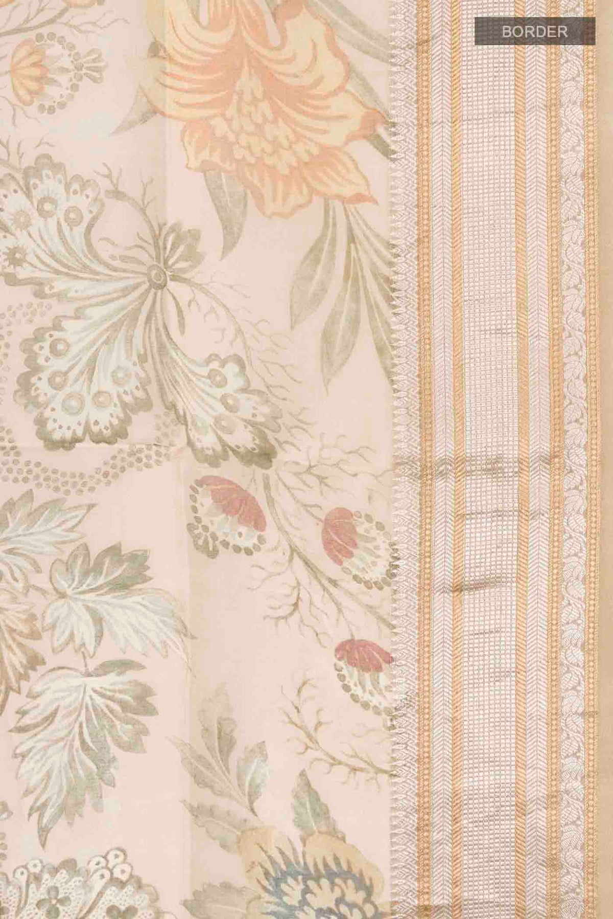 Border image of Beige Organza Silk Saree with Floral Print on the body and Zari Border